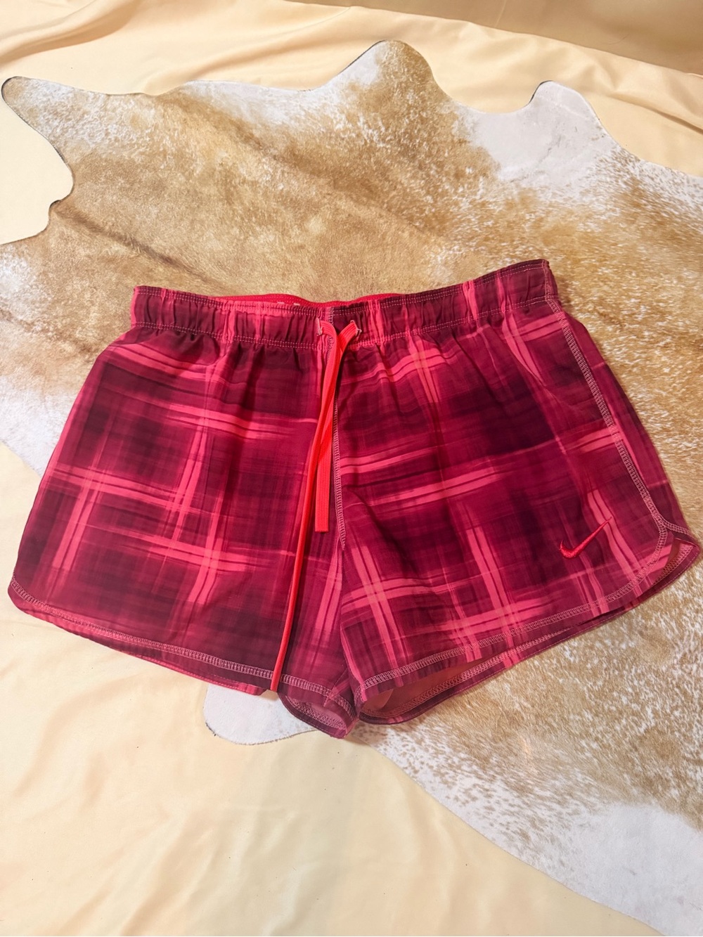 Nike Women’s Red-Pink Plaid Athletic Shorts